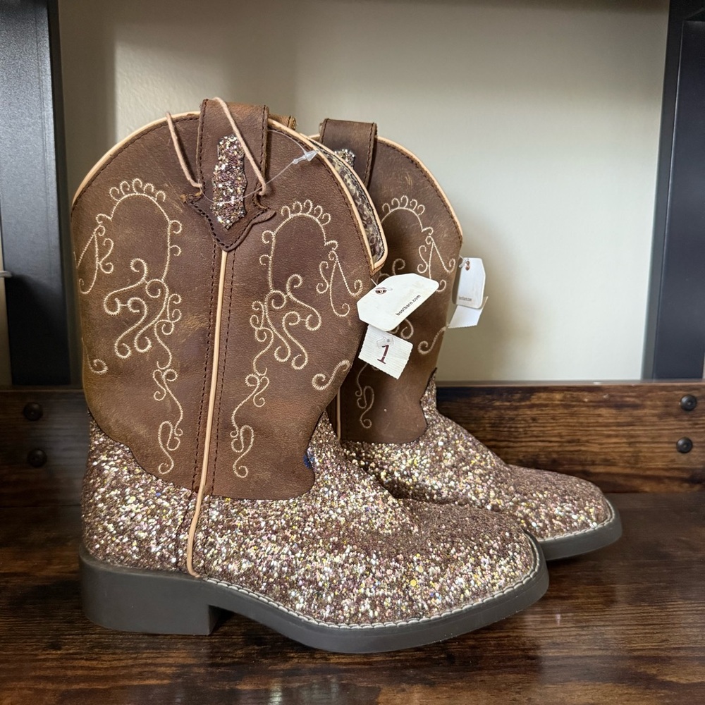 Shyanne Brown and Gold Glitter Kids Boots Girl’s Size 1 Youth